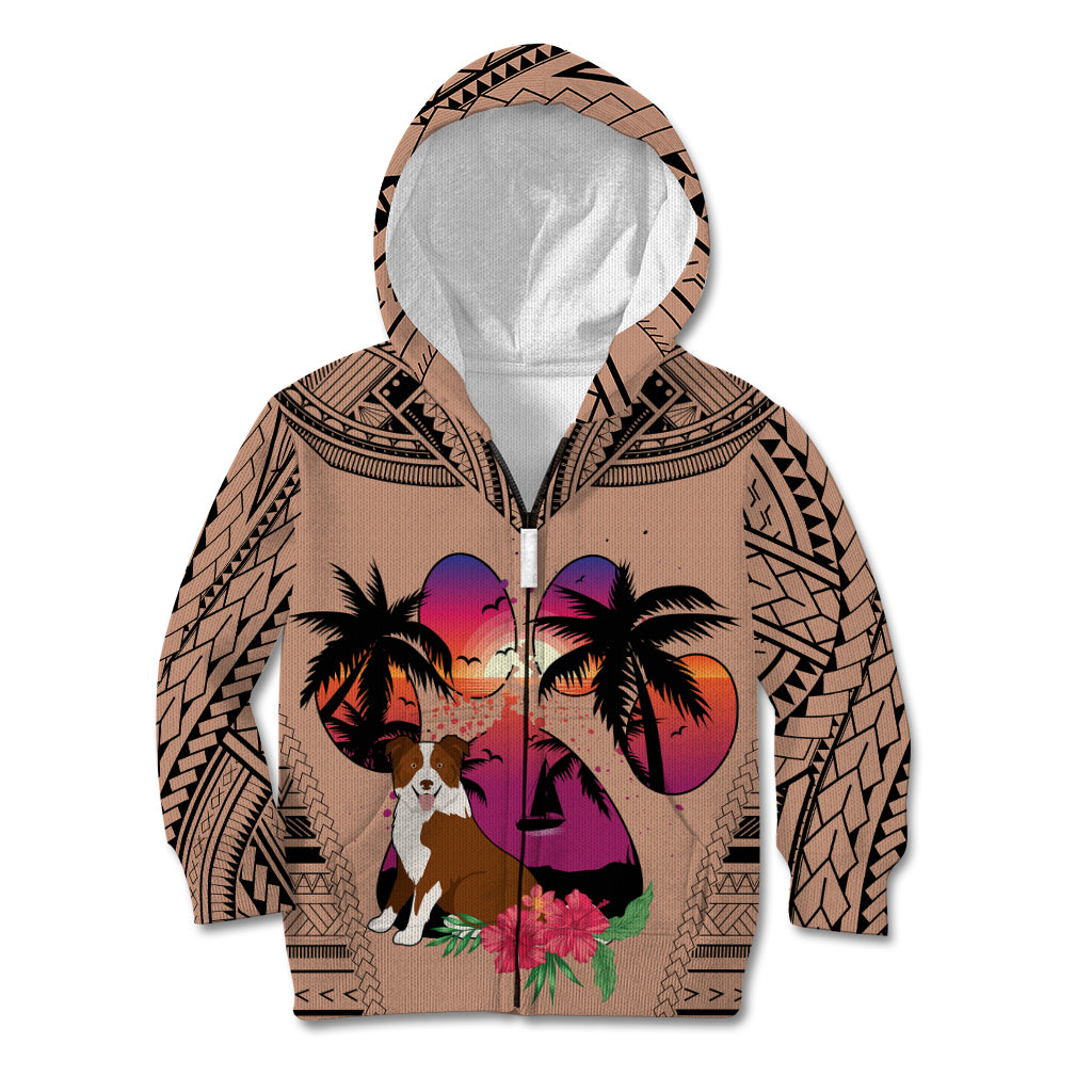Polynesian Kid Hoodie Dog Lover With Border Collie - Sunset At The Beach Brown Ver - Wonder Print Shop