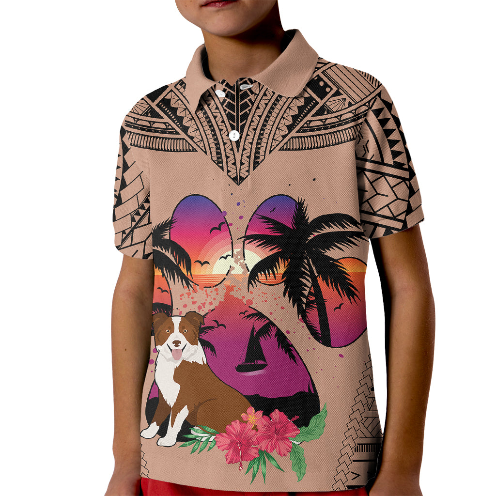 Polynesian Kid Polo Shirt Dog Lover With Border Collie - Sunset At The Beach Brown Ver - Wonder Print Shop