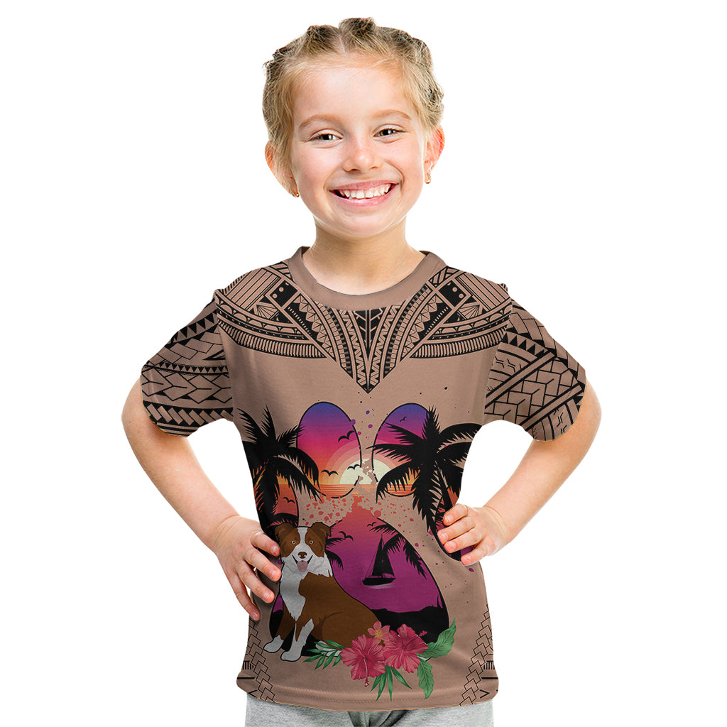 Polynesian Kid T Shirt Dog Lover With Border Collie - Sunset At The Beach Brown Ver - Wonder Print Shop