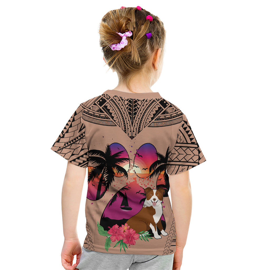 Polynesian Kid T Shirt Dog Lover With Border Collie - Sunset At The Beach Brown Ver - Wonder Print Shop