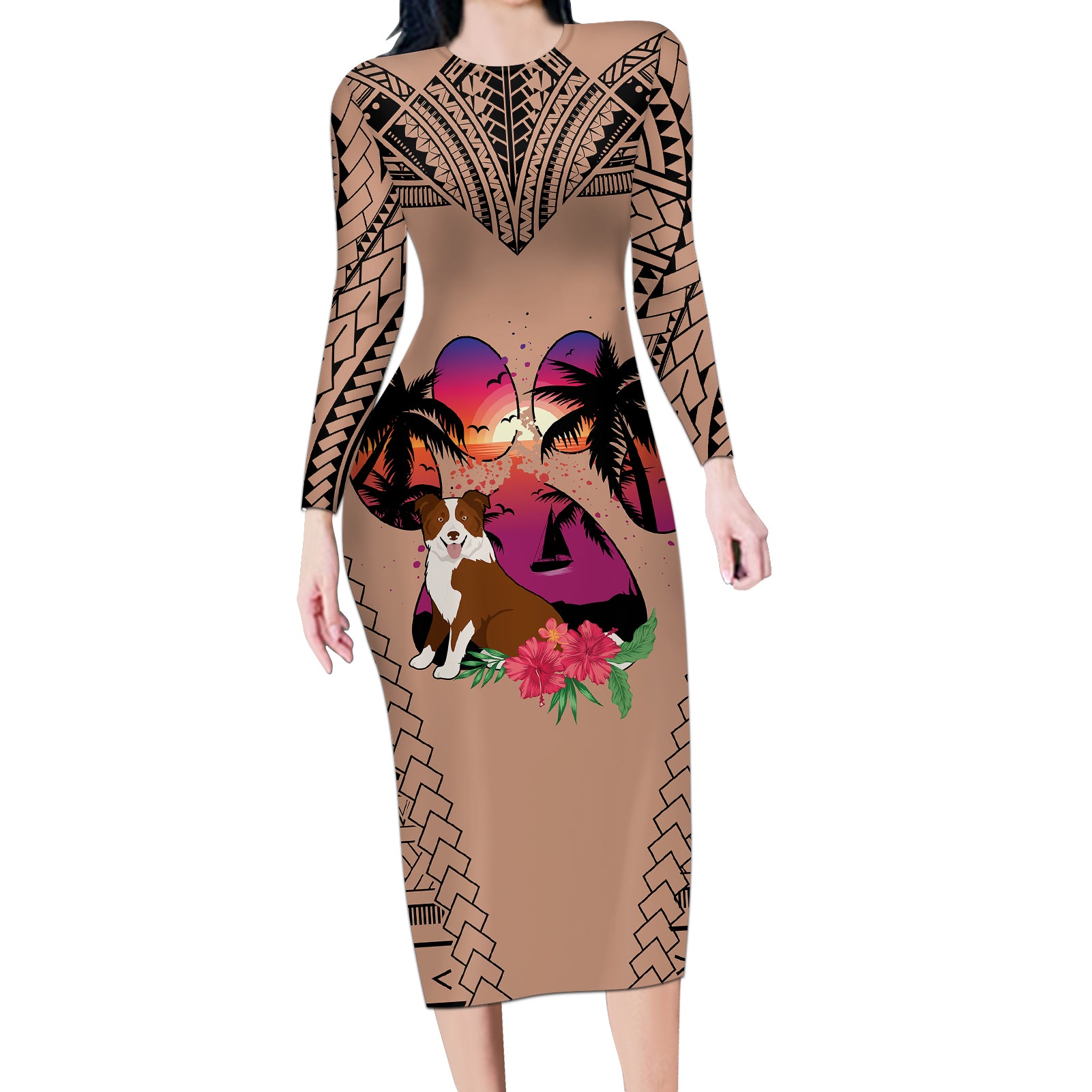 Polynesian Long Sleeve Bodycon Dress Dog Lover With Border Collie - Sunset At The Beach Brown Ver - Wonder Print Shop