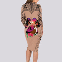 Polynesian Long Sleeve Bodycon Dress Dog Lover With Border Collie - Sunset At The Beach Brown Ver - Wonder Print Shop