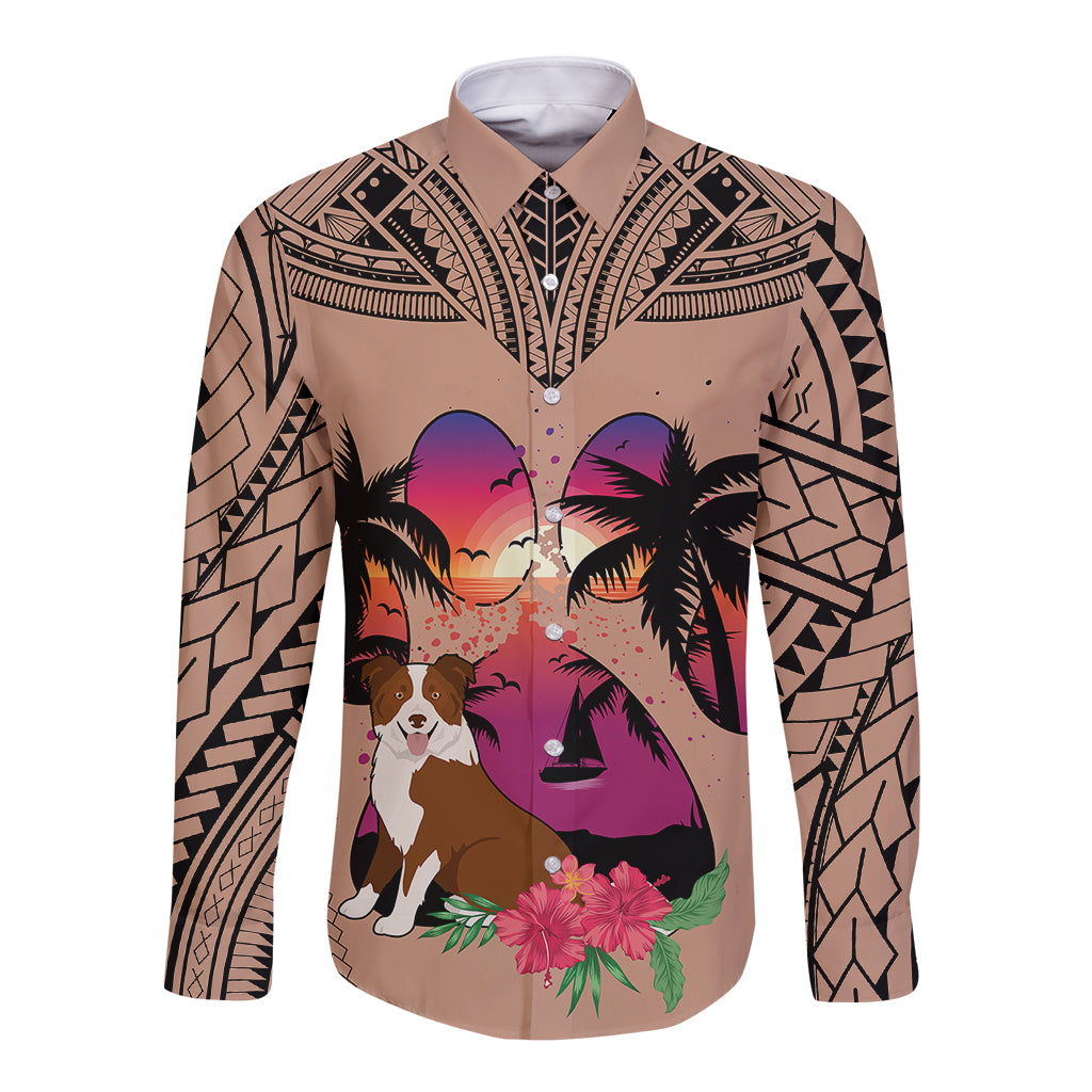 Polynesian Long Sleeve Button Shirt Dog Lover With Border Collie - Sunset At The Beach Brown Ver - Wonder Print Shop