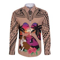 Polynesian Long Sleeve Button Shirt Dog Lover With Border Collie - Sunset At The Beach Brown Ver - Wonder Print Shop