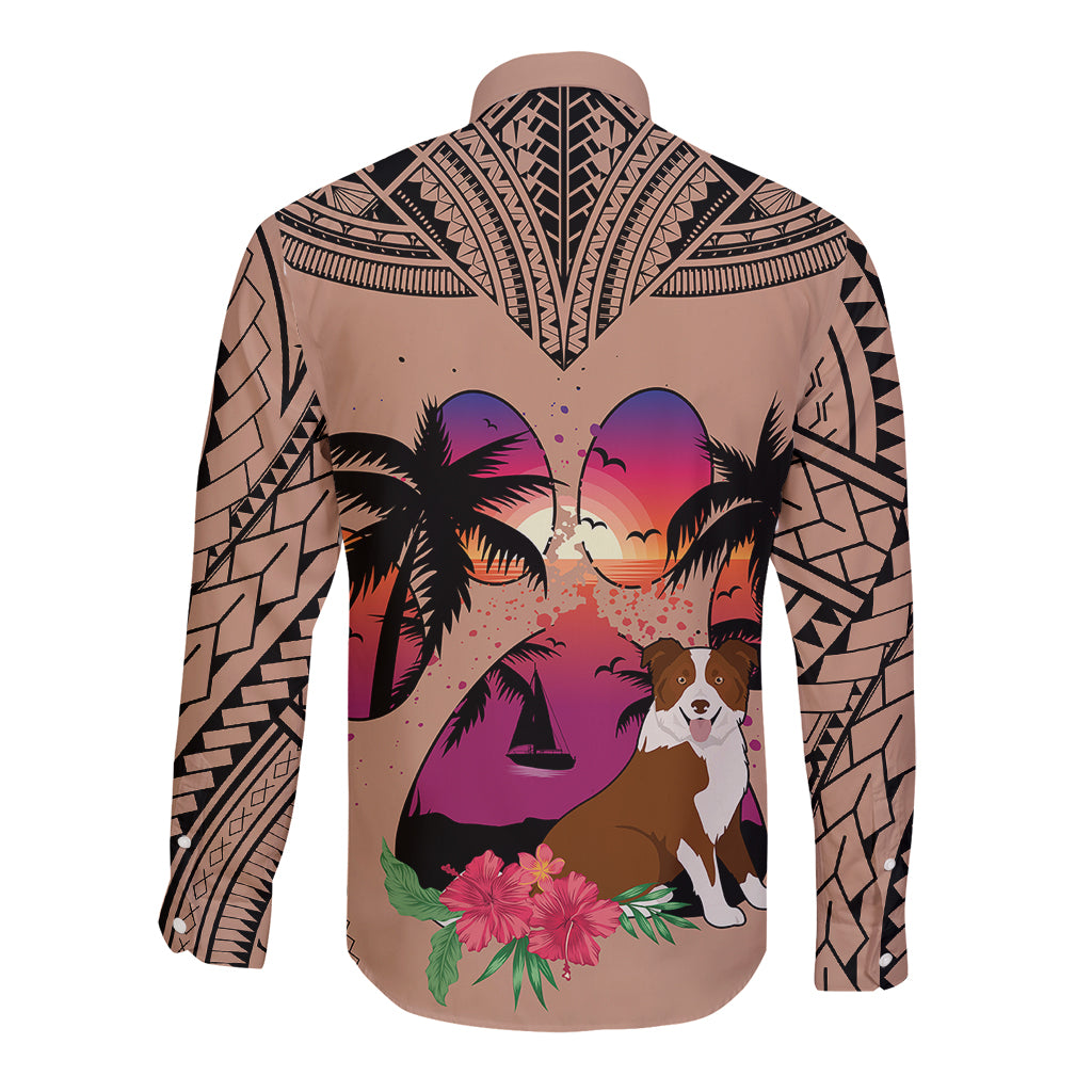 Polynesian Long Sleeve Button Shirt Dog Lover With Border Collie - Sunset At The Beach Brown Ver - Wonder Print Shop