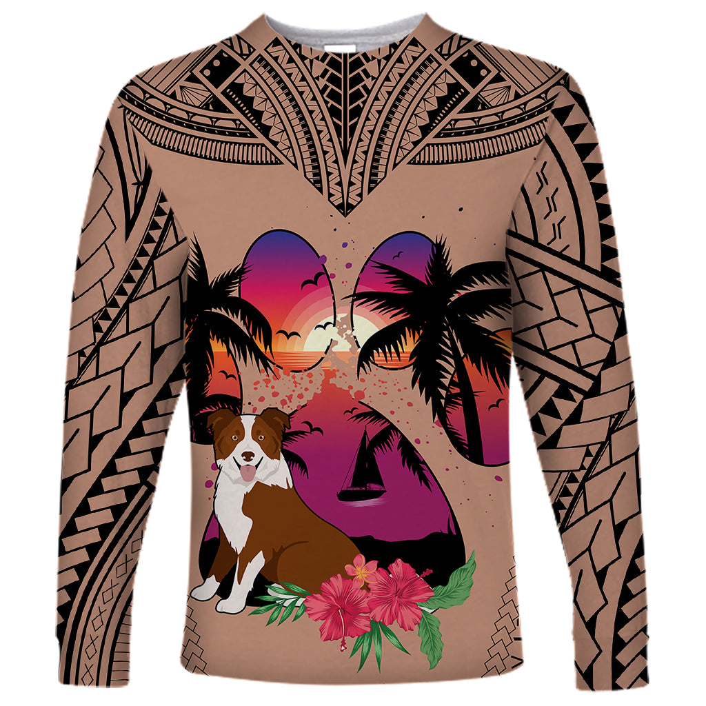 Polynesian Long Sleeve Shirt Dog Lover With Border Collie - Sunset At The Beach Brown Ver - Wonder Print Shop