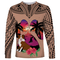 Polynesian Long Sleeve Shirt Dog Lover With Border Collie - Sunset At The Beach Brown Ver - Wonder Print Shop