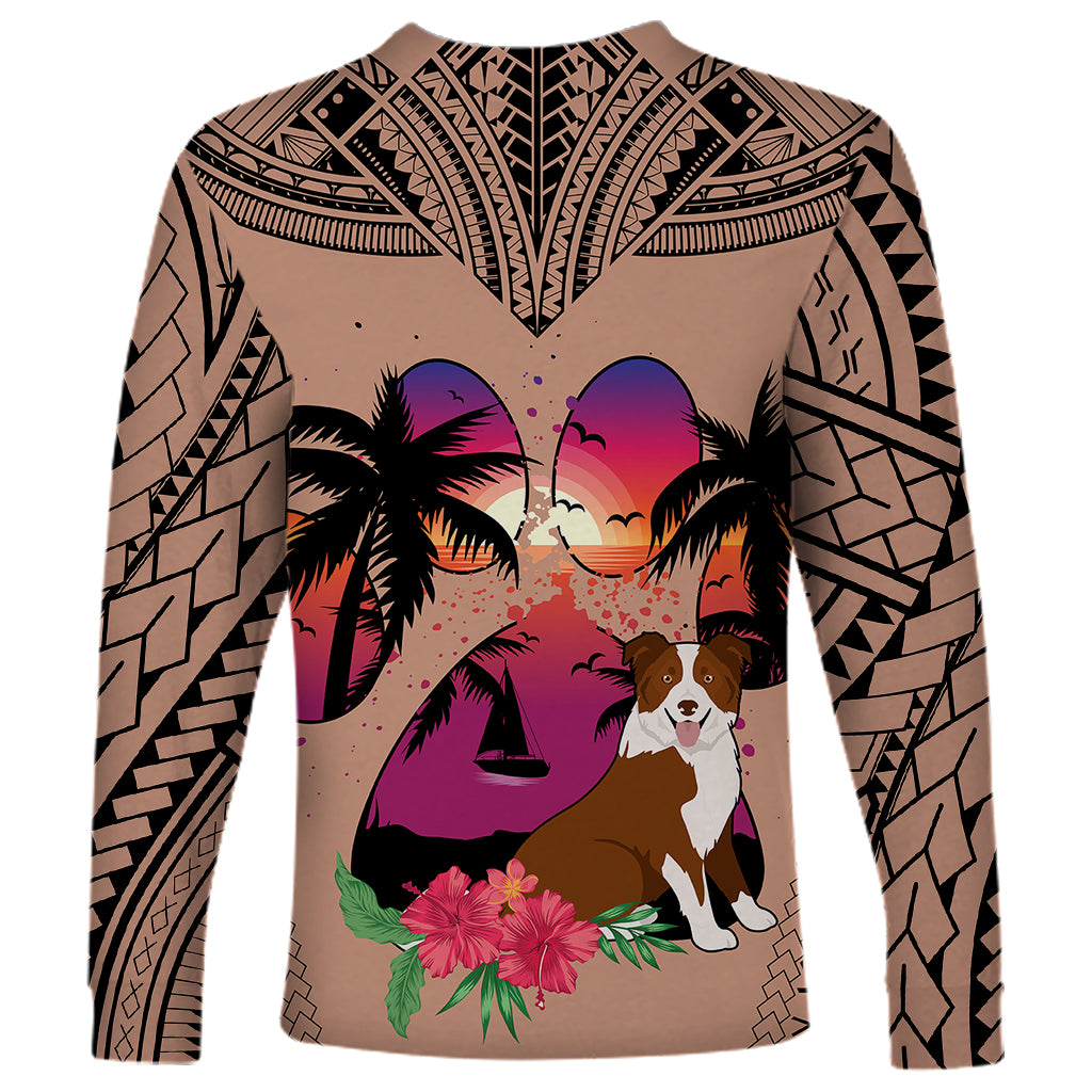 Polynesian Long Sleeve Shirt Dog Lover With Border Collie - Sunset At The Beach Brown Ver - Wonder Print Shop