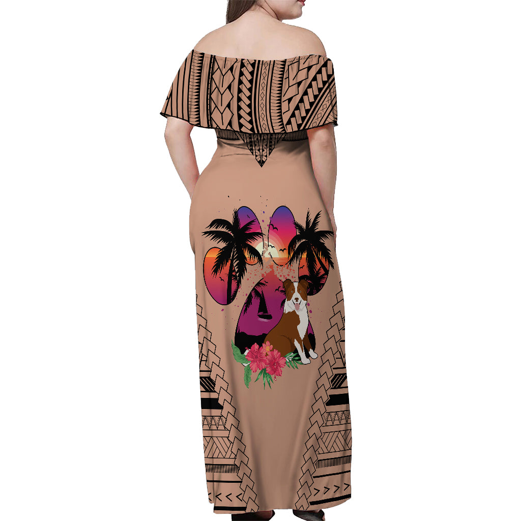 Polynesian Off Shoulder Maxi Dress Dog Lover With Border Collie - Sunset At The Beach Brown Ver - Wonder Print Shop