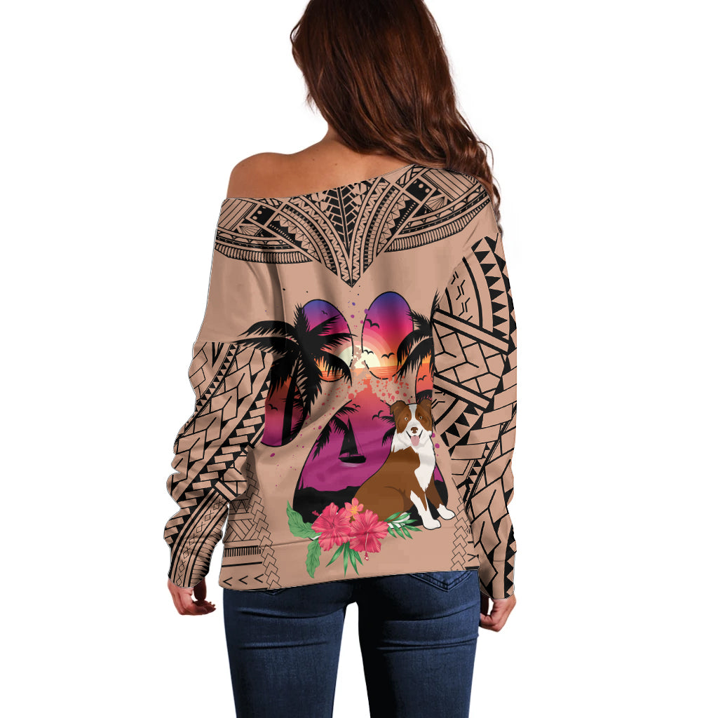 Polynesian Off Shoulder Sweater Dog Lover With Border Collie - Sunset At The Beach Brown Ver - Wonder Print Shop