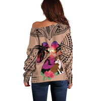 Polynesian Off Shoulder Sweater Dog Lover With Border Collie - Sunset At The Beach Brown Ver - Wonder Print Shop