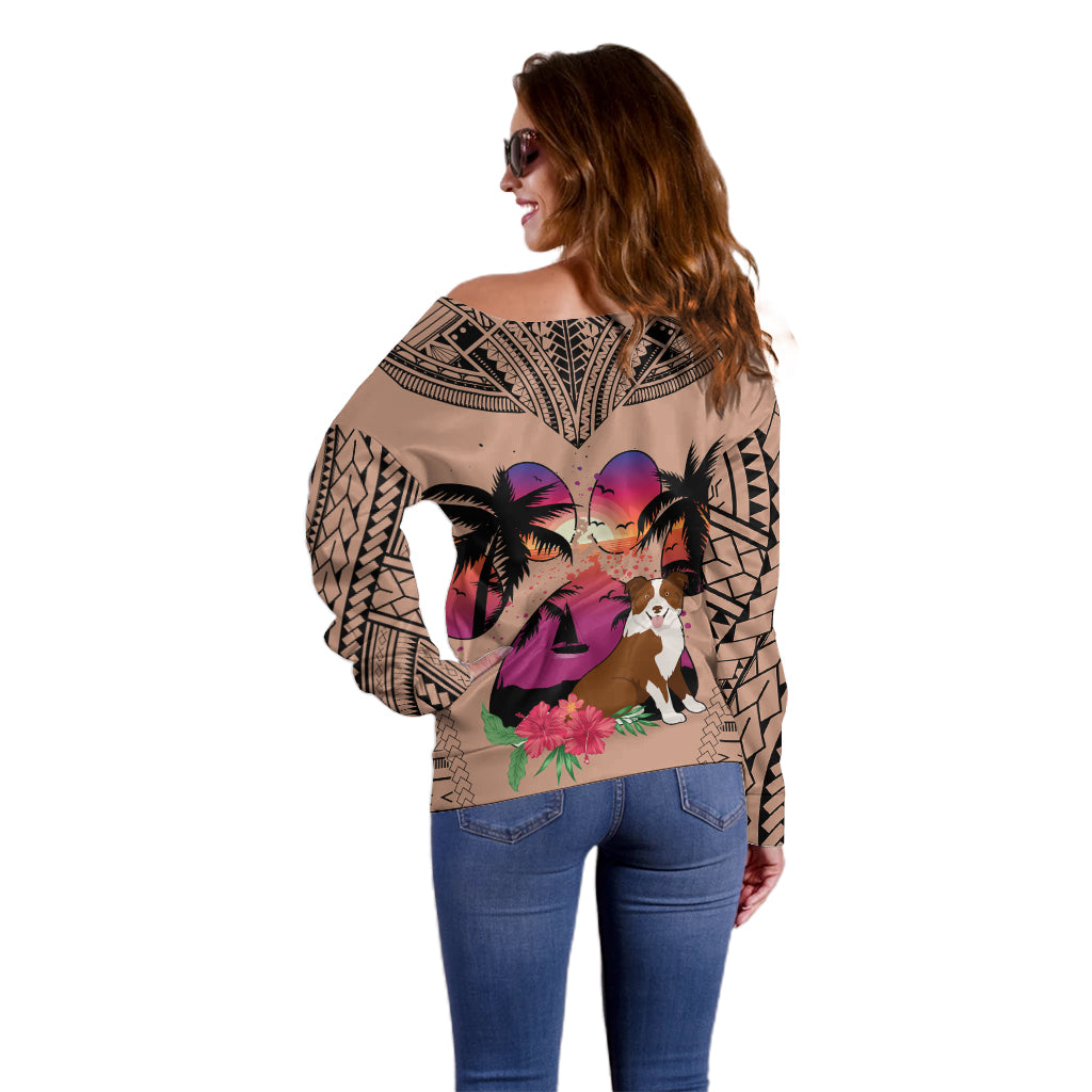 Polynesian Off Shoulder Sweater Dog Lover With Border Collie - Sunset At The Beach Brown Ver - Wonder Print Shop