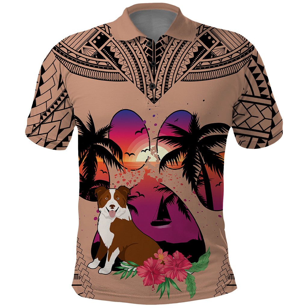Polynesian Polo Shirt Dog Lover With Border Collie - Sunset At The Beach Brown Ver - Wonder Print Shop