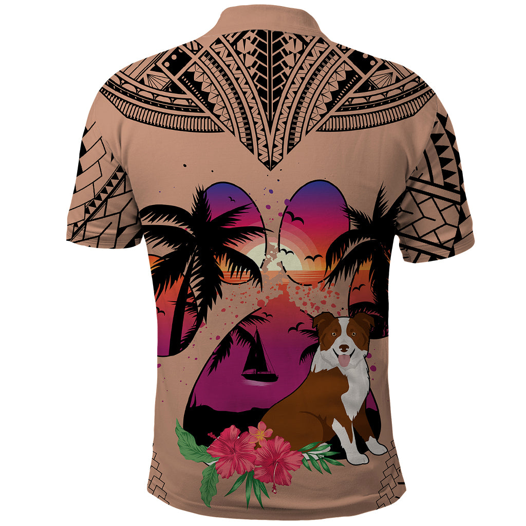 Polynesian Polo Shirt Dog Lover With Border Collie - Sunset At The Beach Brown Ver - Wonder Print Shop