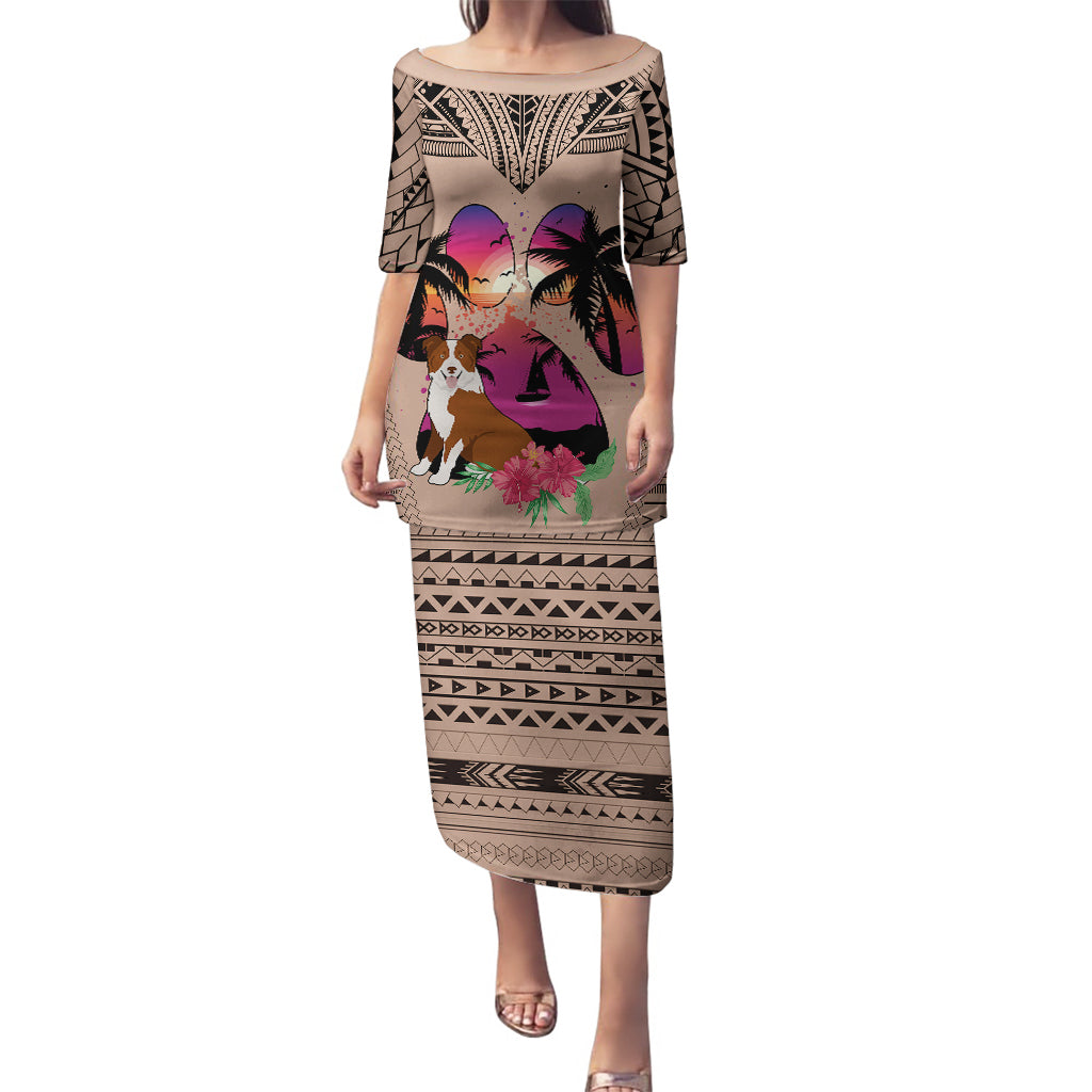 Polynesian Puletasi Dog Lover With Border Collie - Sunset At The Beach Brown Ver - Wonder Print Shop