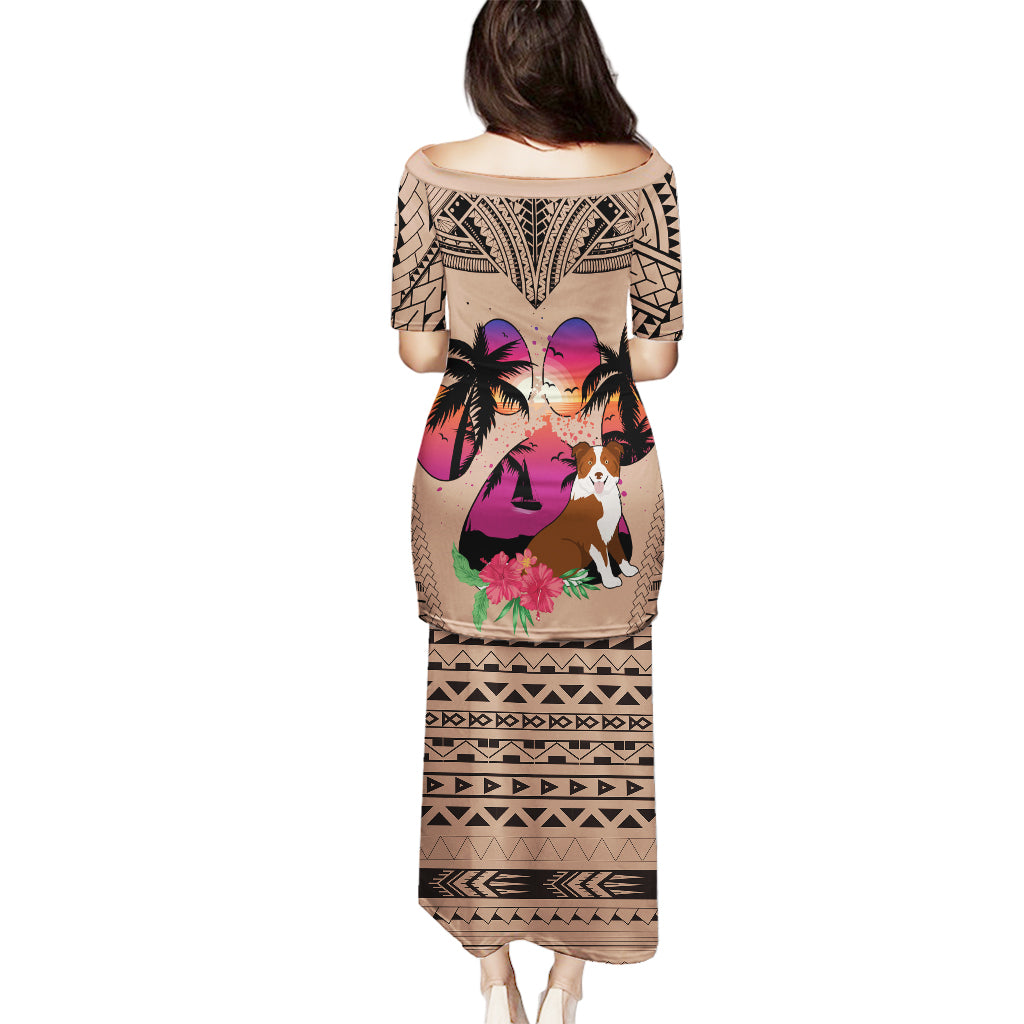Polynesian Puletasi Dog Lover With Border Collie - Sunset At The Beach Brown Ver - Wonder Print Shop