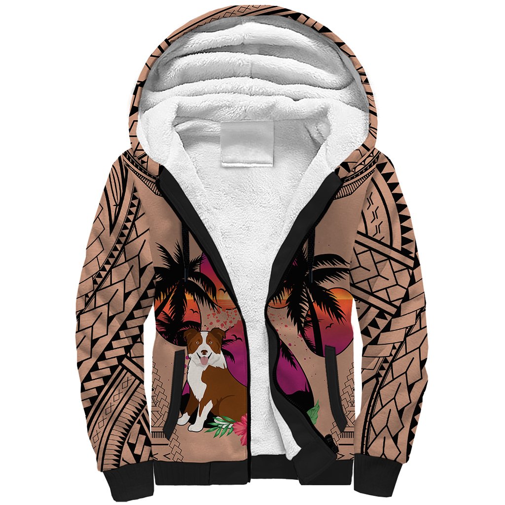 Polynesian Sherpa Hoodie Dog Lover With Border Collie - Sunset At The Beach Brown Ver - Wonder Print Shop