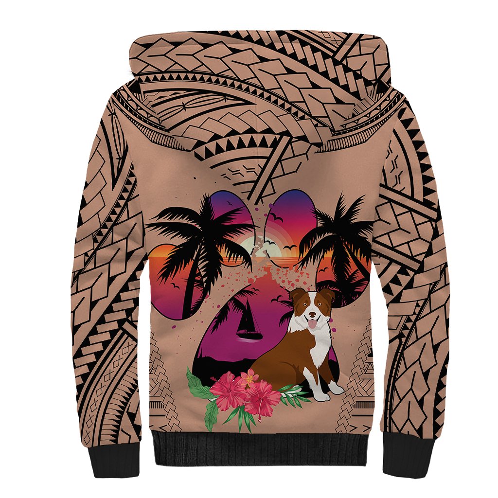 Polynesian Sherpa Hoodie Dog Lover With Border Collie - Sunset At The Beach Brown Ver - Wonder Print Shop