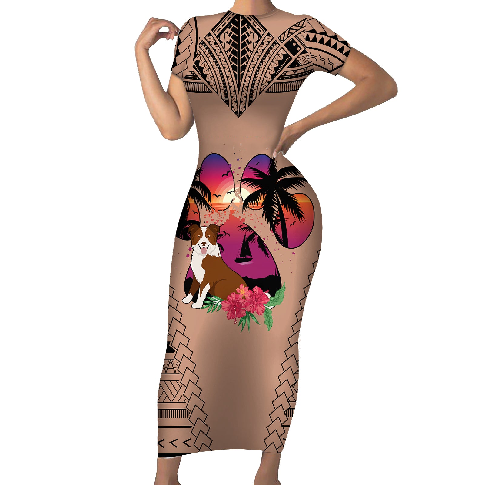 Polynesian Short Sleeve Bodycon Dress Dog Lover With Border Collie - Sunset At The Beach Brown Ver - Wonder Print Shop