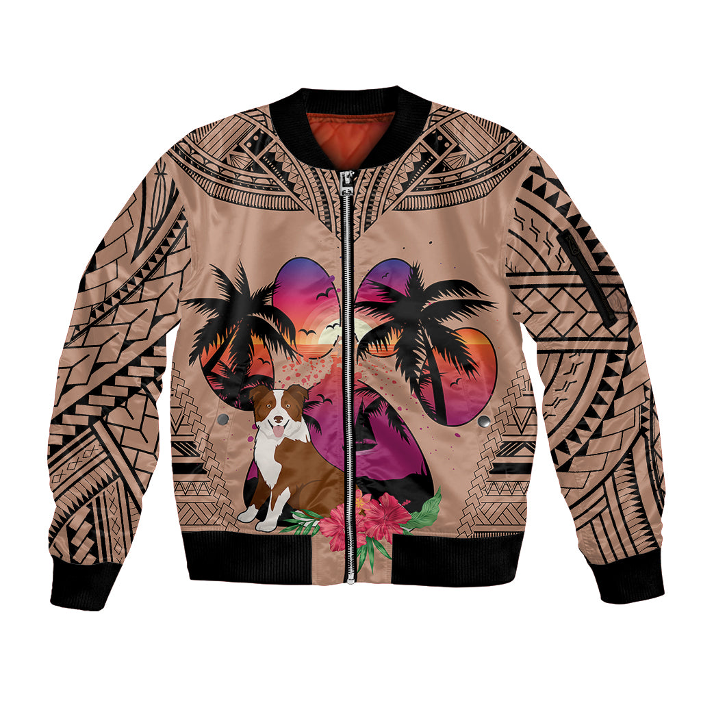 Polynesian Sleeve Zip Bomber Jacket Dog Lover With Border Collie - Sunset At The Beach Brown Ver - Wonder Print Shop