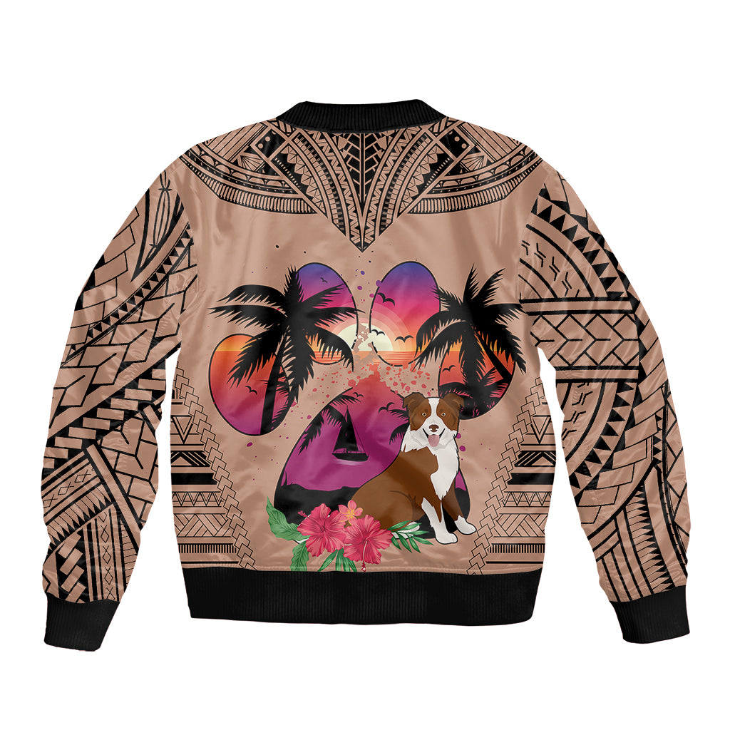 Polynesian Sleeve Zip Bomber Jacket Dog Lover With Border Collie - Sunset At The Beach Brown Ver - Wonder Print Shop