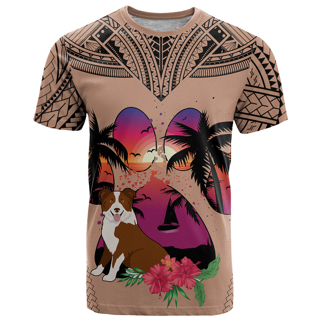 Polynesian T Shirt Dog Lover With Border Collie - Sunset At The Beach Brown Ver - Wonder Print Shop