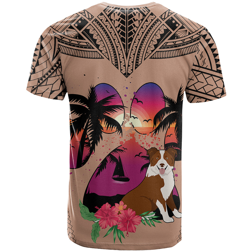 Polynesian T Shirt Dog Lover With Border Collie - Sunset At The Beach Brown Ver - Wonder Print Shop