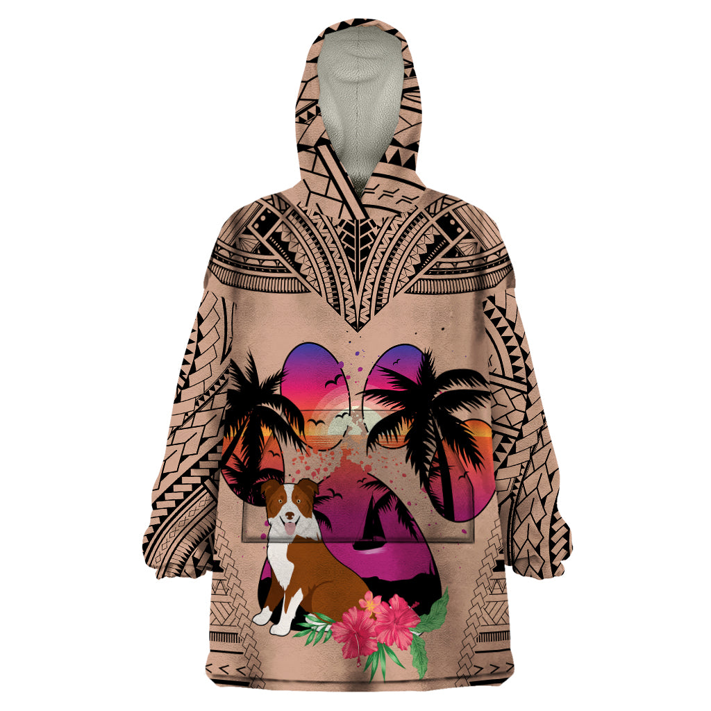 Polynesian Wearable Blanket Hoodie Dog Lover With Border Collie - Sunset At The Beach Brown Ver - Wonder Print Shop
