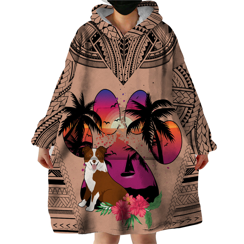Polynesian Wearable Blanket Hoodie Dog Lover With Border Collie - Sunset At The Beach Brown Ver - Wonder Print Shop