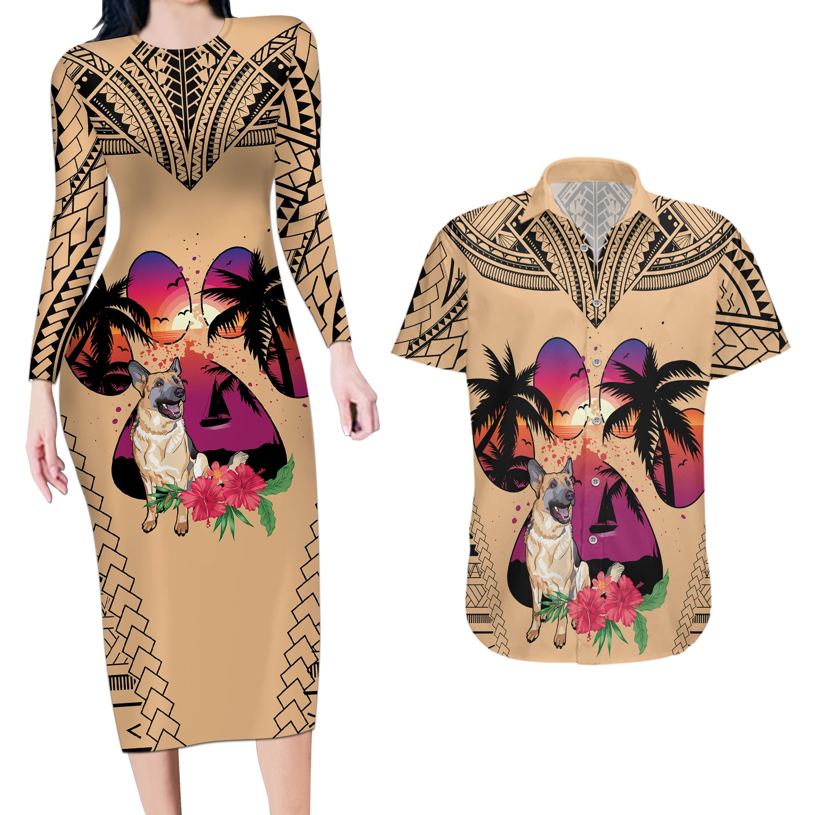 Polynesian Couples Matching Long Sleeve Bodycon Dress and Hawaiian Shirt Dog Lover With German Shepherd - Sunset At The Beach LT7 - Wonder Print Shop