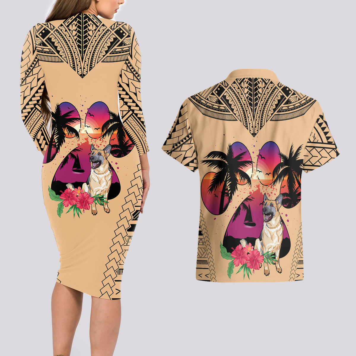Polynesian Couples Matching Long Sleeve Bodycon Dress and Hawaiian Shirt Dog Lover With German Shepherd - Sunset At The Beach LT7 - Wonder Print Shop