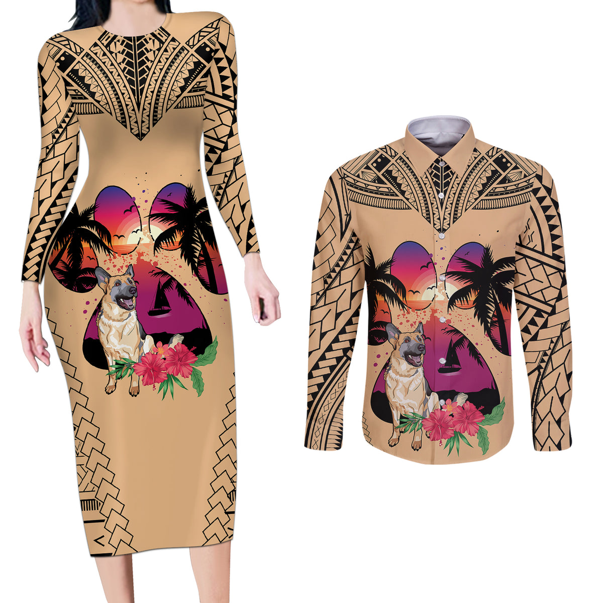 Polynesian Couples Matching Long Sleeve Bodycon Dress and Long Sleeve Button Shirts Dog Lover With German Shepherd - Sunset At The Beach LT7 - Wonder Print Shop