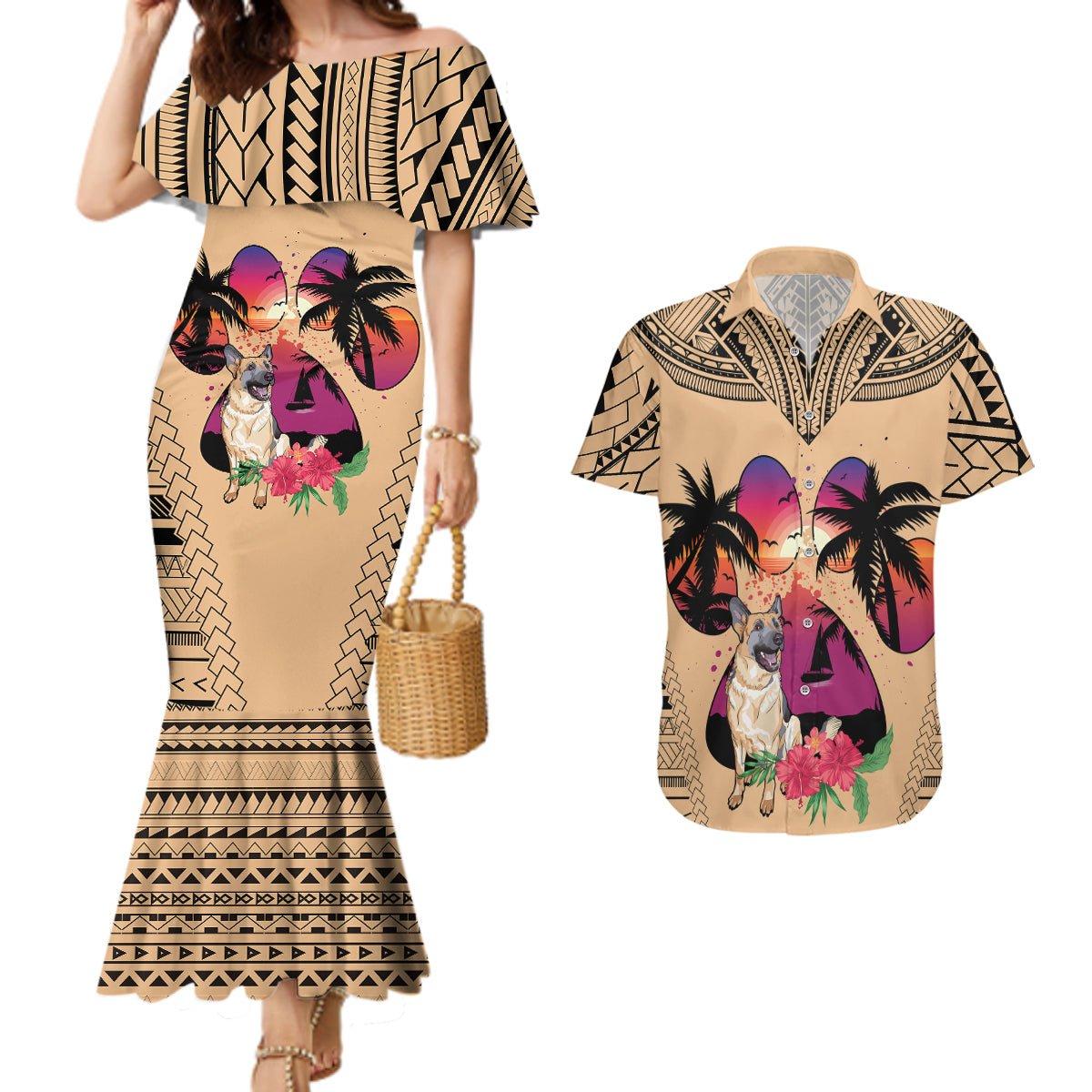Polynesian Couples Matching Mermaid Dress and Hawaiian Shirt Dog Lover With German Shepherd - Sunset At The Beach LT7 - Wonder Print Shop