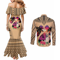polynesian-couples-matching-mermaid-dress-and-long-sleeve-button-shirts-dog-lover-with-german-shepherd-sunset-at-the-beach