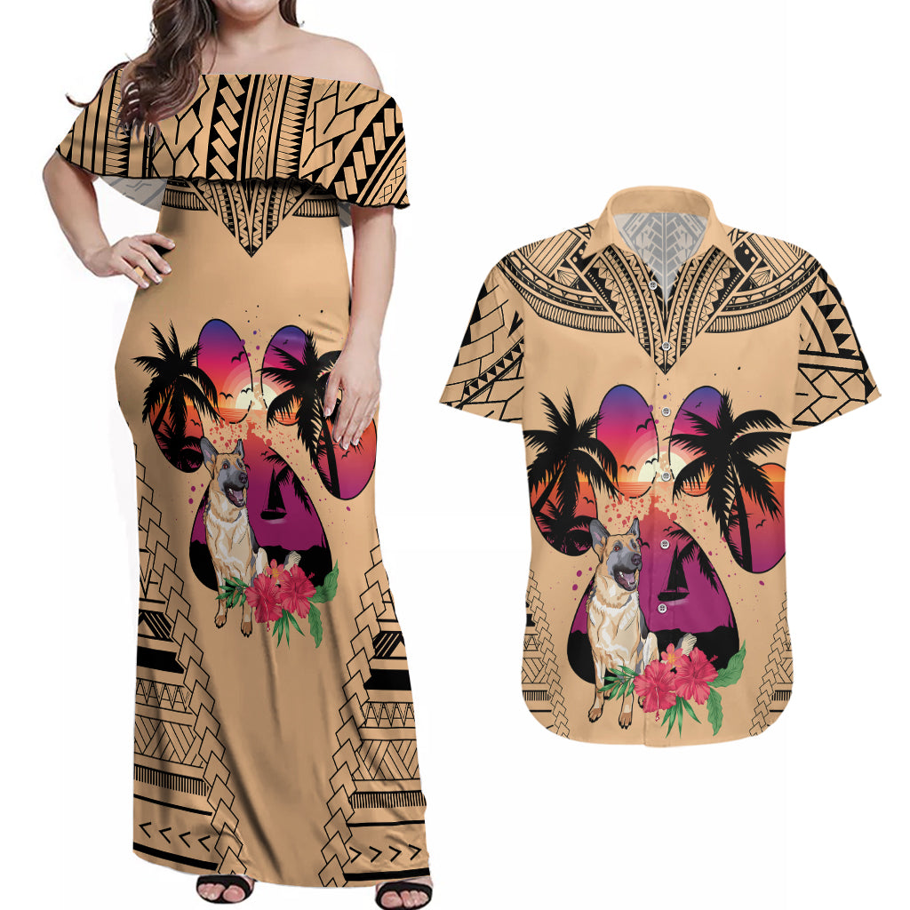 Polynesian Couples Matching Off Shoulder Maxi Dress and Hawaiian Shirt Dog Lover With German Shepherd - Sunset At The Beach LT7 - Wonder Print Shop