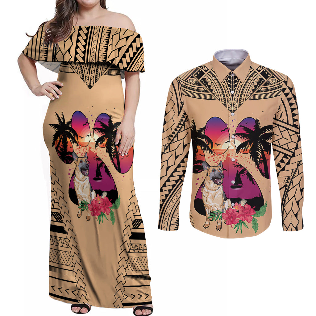 Polynesian Couples Matching Off Shoulder Maxi Dress and Long Sleeve Button Shirts Dog Lover With German Shepherd - Sunset At The Beach LT7 - Wonder Print Shop
