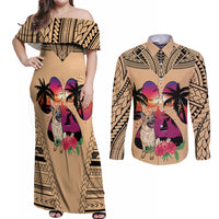 Polynesian Couples Matching Off Shoulder Maxi Dress and Long Sleeve Button Shirts Dog Lover With German Shepherd - Sunset At The Beach LT7 - Wonder Print Shop