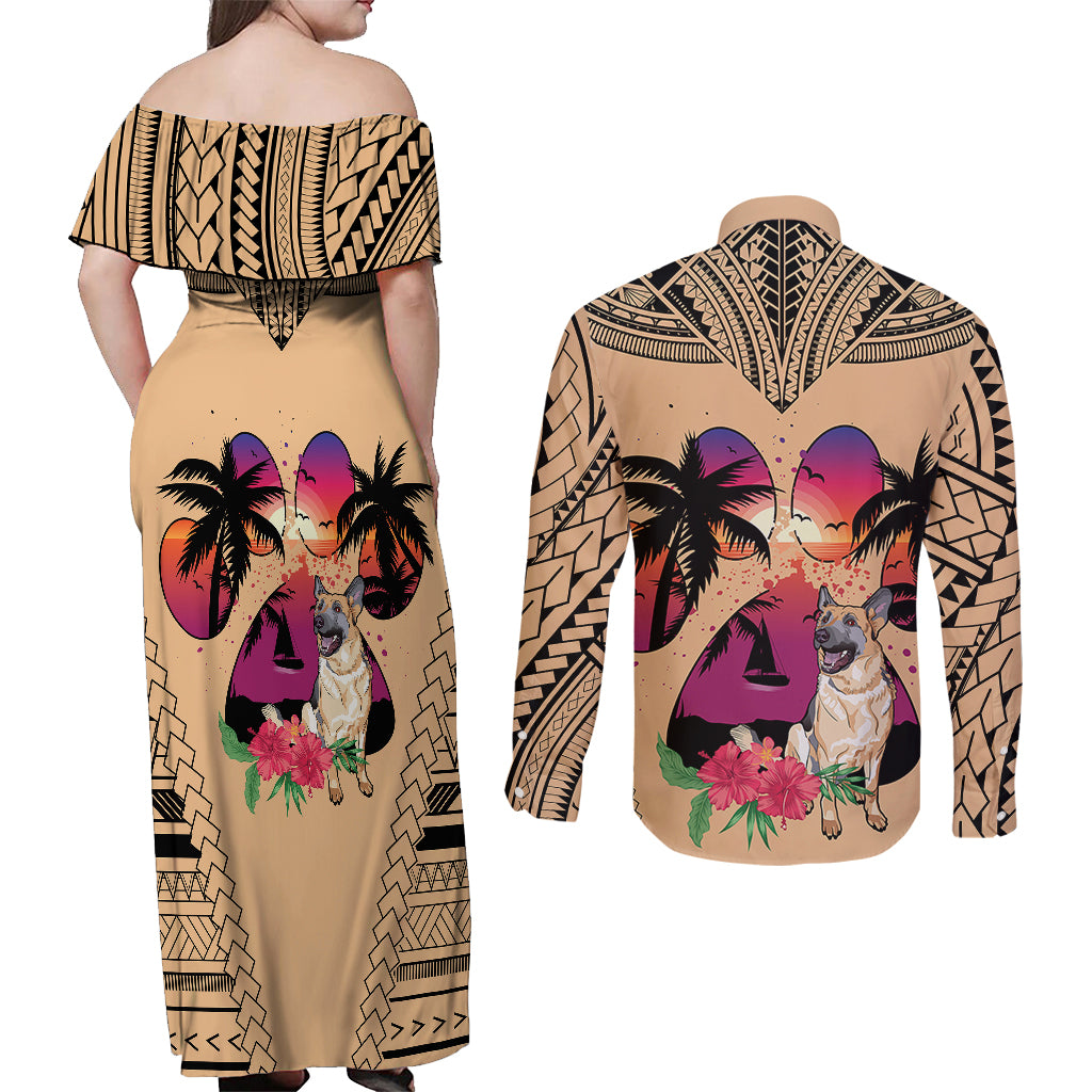 Polynesian Couples Matching Off Shoulder Maxi Dress and Long Sleeve Button Shirts Dog Lover With German Shepherd - Sunset At The Beach LT7 - Wonder Print Shop