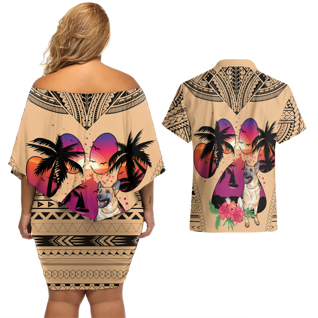 Polynesian Couples Matching Off Shoulder Short Dress and Hawaiian Shirt Dog Lover With German Shepherd - Sunset At The Beach LT7 - Wonder Print Shop