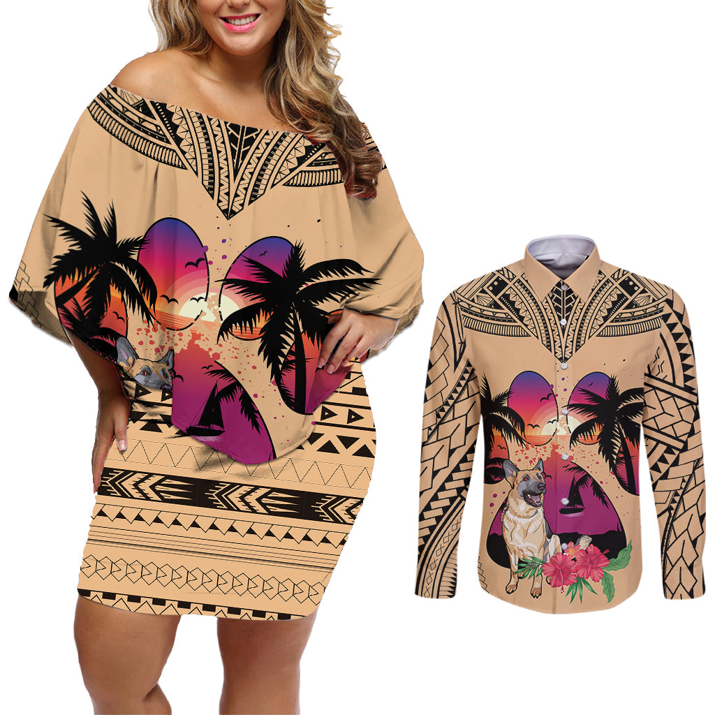 Polynesian Couples Matching Off Shoulder Short Dress and Long Sleeve Button Shirts Dog Lover With German Shepherd - Sunset At The Beach LT7 - Wonder Print Shop