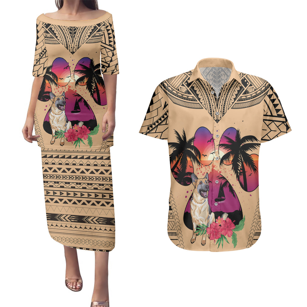Polynesian Couples Matching Puletasi Dress and Hawaiian Shirt Dog Lover With German Shepherd - Sunset At The Beach LT7 - Wonder Print Shop