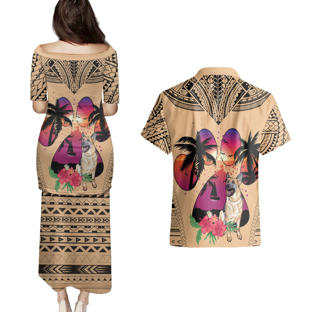 Polynesian Couples Matching Puletasi Dress and Hawaiian Shirt Dog Lover With German Shepherd - Sunset At The Beach LT7 - Wonder Print Shop