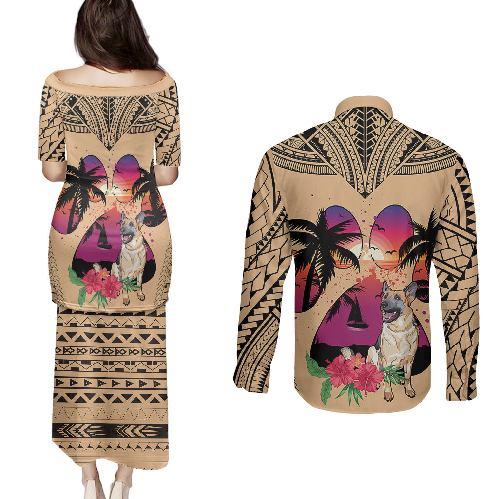 Polynesian Couples Matching Puletasi Dress and Long Sleeve Button Shirts Dog Lover With German Shepherd - Sunset At The Beach LT7 - Wonder Print Shop