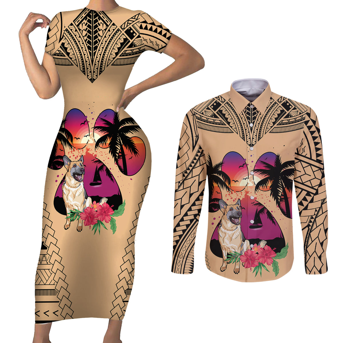 Polynesian Couples Matching Short Sleeve Bodycon Dress and Long Sleeve Button Shirts Dog Lover With German Shepherd - Sunset At The Beach LT7 - Wonder Print Shop