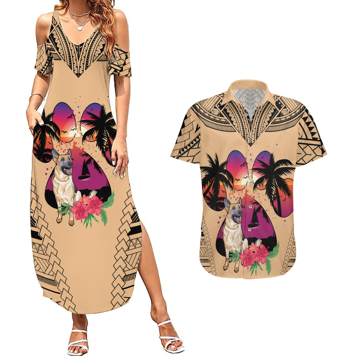 Polynesian Couples Matching Summer Maxi Dress and Hawaiian Shirt Dog Lover With German Shepherd - Sunset At The Beach LT7 - Wonder Print Shop