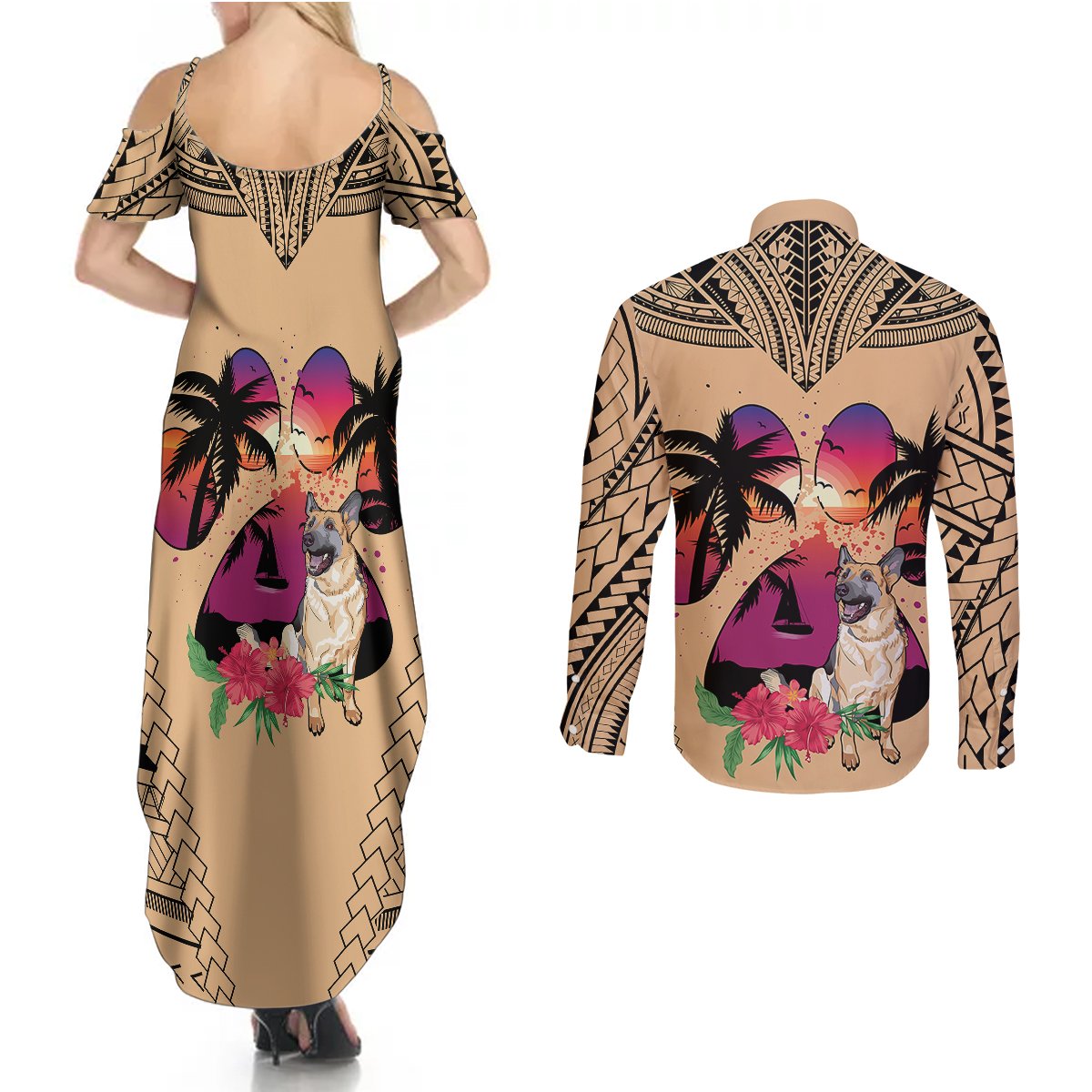 Polynesian Couples Matching Summer Maxi Dress and Long Sleeve Button Shirts Dog Lover With German Shepherd - Sunset At The Beach LT7 - Wonder Print Shop