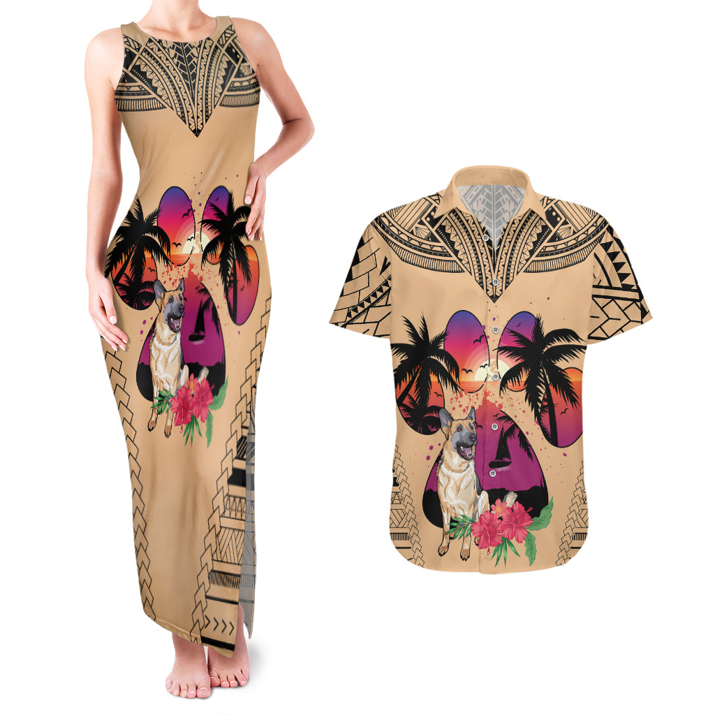 Polynesian Couples Matching Tank Maxi Dress and Hawaiian Shirt Dog Lover With German Shepherd - Sunset At The Beach LT7 - Wonder Print Shop