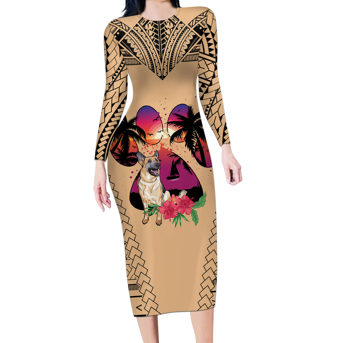 Polynesian Long Sleeve Bodycon Dress Dog Lover With German Shepherd - Sunset At The Beach - Wonder Print Shop