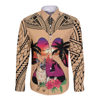 Polynesian Long Sleeve Button Shirt Dog Lover With German Shepherd - Sunset At The Beach - Wonder Print Shop