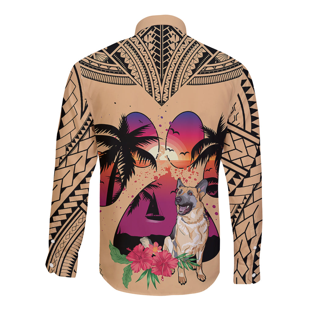 Polynesian Long Sleeve Button Shirt Dog Lover With German Shepherd - Sunset At The Beach - Wonder Print Shop
